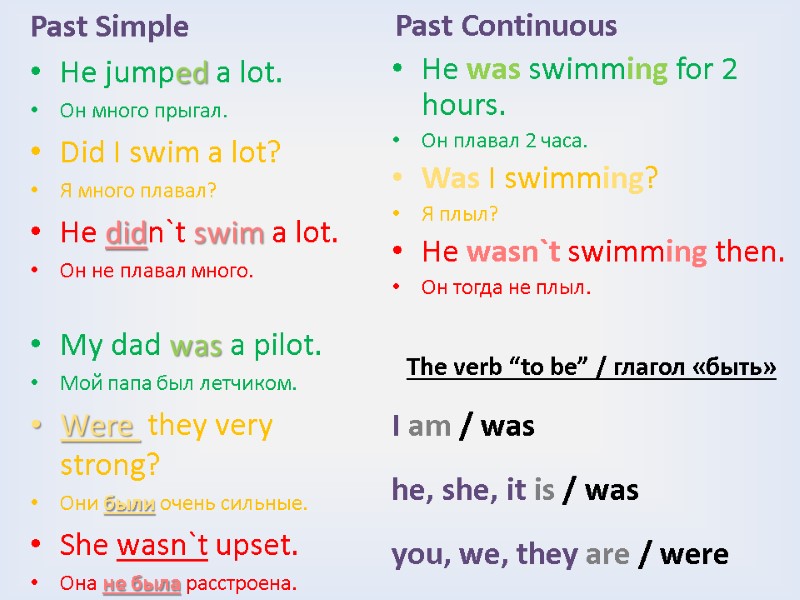 Past Simple He jumped a lot. Он много прыгал. Did I swim a lot?